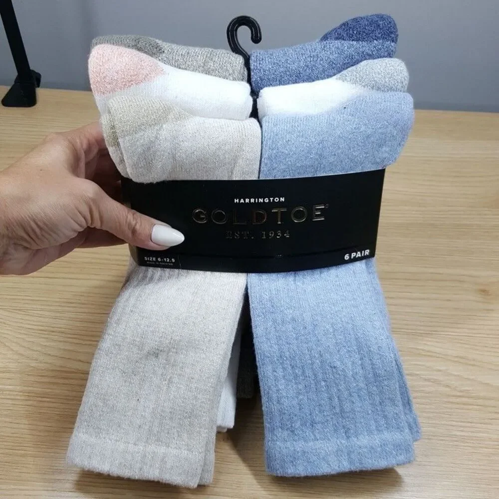 GOLD TOE Crew Socks Mens Blue White 6-Pack HARRINGTON Ribbed Cotton Knit